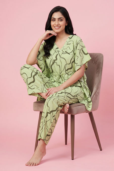 Zivame Woven Kaftan Loungewear Set - Foam Green — image 6
